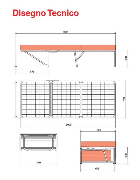 Poltrona letto Mini: disegno tecnico con misure – Ponti Divani