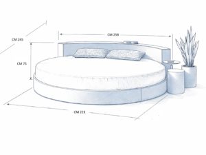 Letto Cristal – disegno tecnico 3D con misure: base 223 cm, testata 258 cm, profondità 245 cm e altezza 75 cm